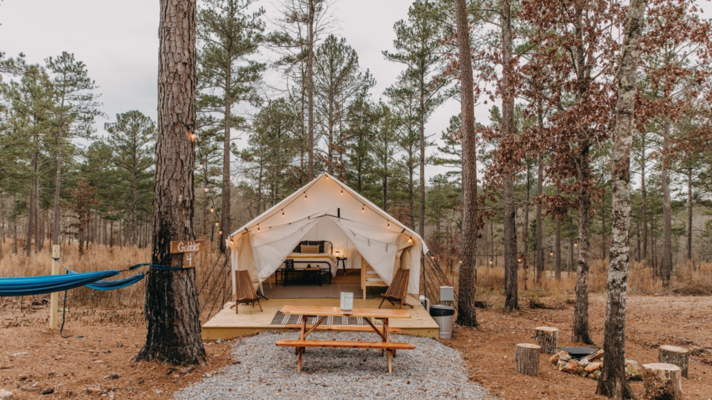 Each Glamping Site has a fire pit, hammocks, and picnic table Photo Courtesy of KingstonDowns.com